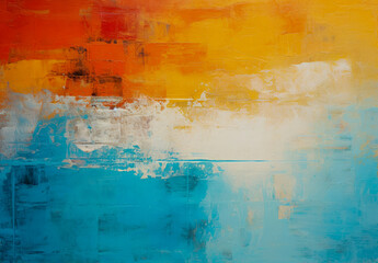 Grunge background with stripes: Acrylic Colors Dance on Textured Canvas, Dominated by Bright Orange and Light Blue with Dark Blue and Crimson Highlights