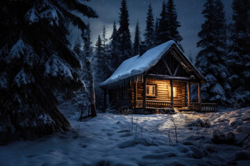 Adirondack Cabin, Hunting Cabin. winter night fantasy forest. Christmas season landscape. Wooden hut. 