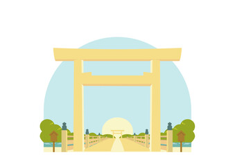 伊勢神宮　宇治橋と鳥居のイラスト　背景あり