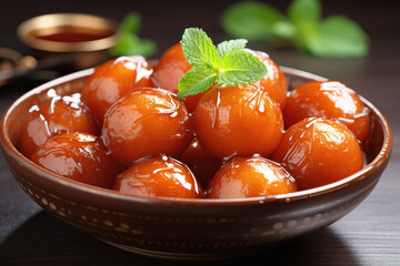 indian sweet food gulab jamun in bowl.