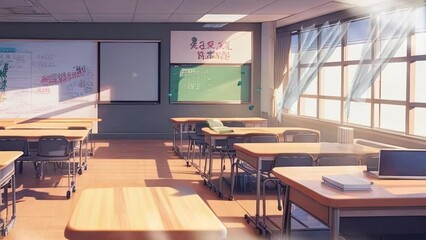 back to school classroom background with anime or cartoon style. seamless looping time-lapse virtual video animation background.	 - Powered by Adobe