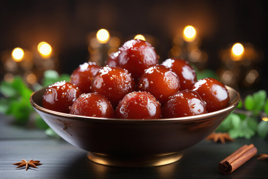 indian sweet food gulab jamun in bowl.