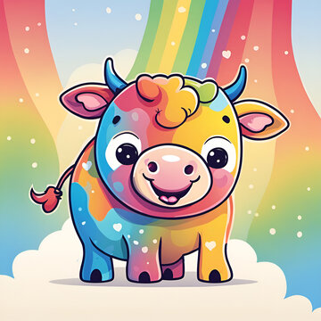 Small cute rainbow cartoon smiling cow