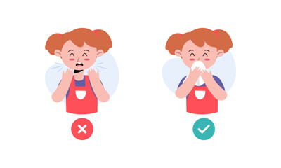 Kids Character Catching Flu. Kids Coughing and Sneezing in Right and Wrong Way Illustration