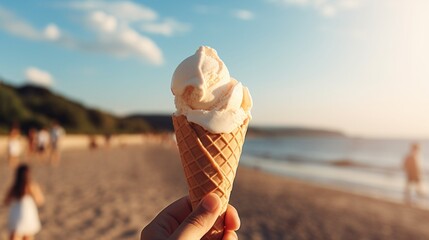Vanilla Gelato Ice Cream Cone on Beach