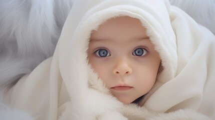 Adorable Caucasian Baby Wrapped in Soft White Blanket