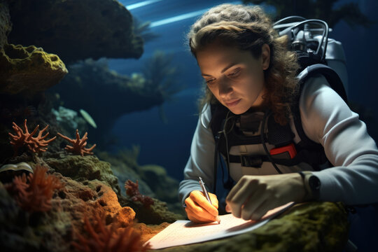 A female marine biologist studying coral reefs, advocating for marine conservation. Generative Ai. - Powered by Adobe