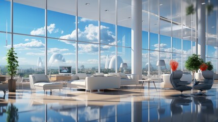 Interior of open space office in modern building. Glossy floor, chillout area, houseplants. Floor-to-ceiling windows with city view. Contemporary design. Mockup, 3D rendering.