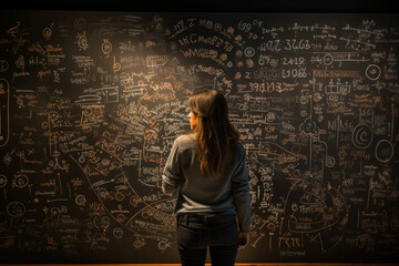 A female mathematician explaining complex equations on a chalkboard, unraveling mathematical mysteries. Generative Ai.