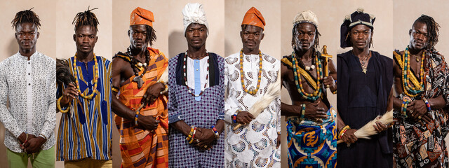 Collage with an African boy wearing different typical ethnic clothing.