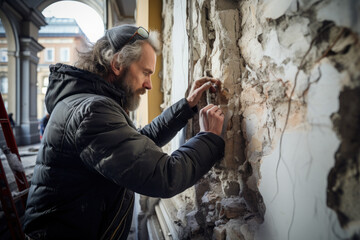 An architect inspecting the structural integrity of a heritage building before restoration. Generative Ai.