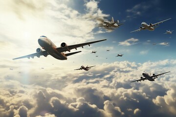 Formation of military aircrafts flying together in the sky. Generative AI