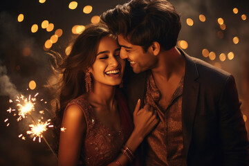 Young indian couple celebrating diwali festival.