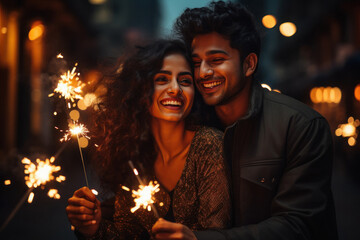Obraz na płótnie Canvas Young indian couple celebrating diwali festival.