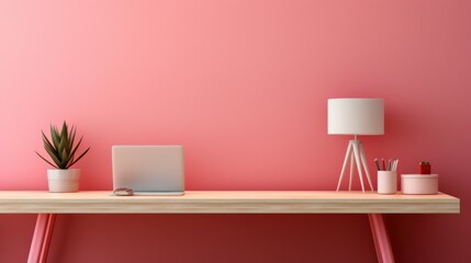 Minimalist monochrome interior of modern office room in pastel carmine red and pink tones. Fragment. Large desk, laptop, office tools, table lamp, houseplant. Creative design. Mockup, 3D rendering.