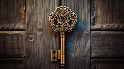 an antique key with an ornate house keychain entering an old, rustic door