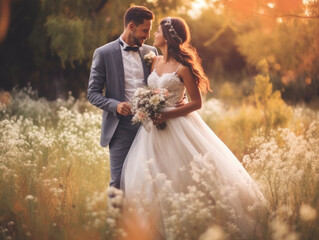 happy newlyweds in summer photo shoot wedding in summer spring the bride and groom look at each other in the sunlight