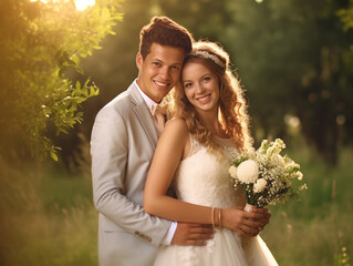 happy newlyweds in summer photo shoot wedding in summer spring bride and groom in the sunlight