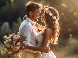 happy newlyweds in summer photo shoot wedding in summer spring the bride and groom look at each other in the sunlight