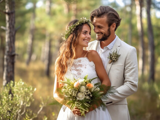 happy newlyweds in summer photo shoot wedding in summer spring bride and groom in the sunlight
