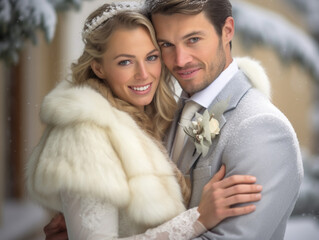 happy newlyweds in winter photo shoot wedding in winter bride and groom