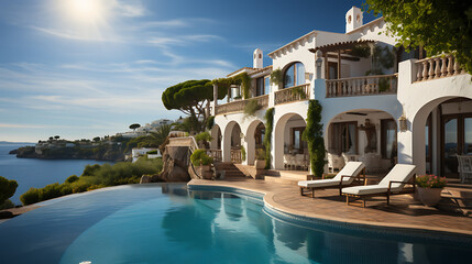 Fototapeta na wymiar Mediterranean Summer Getaway: White Hillside Villa with Pool and Breathtaking Sea Views