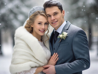 happy newlyweds in winter photo shoot wedding in winter bride and groom