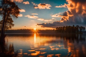 Fototapeta na wymiar Panoramic shot of a beautiful sunrise over a lake can result in a breathtaking photograph
