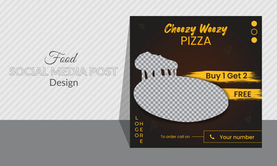 Pizza social media post design. Food design for restaurant and hotels. Healthy and cheesy pizza advertisement, buy one get one. clean and easily editable. Unique layout social media icon.