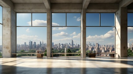 Interior of open space room in modern urban building for office or loft studio. Concrete walls and floor, minimalist furniture. Floor-to-ceiling windows with city view. Mockup, 3D rendering.