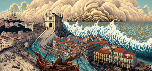 Illustration of Lisbon, Portugal during The Great Lisbon Earthquake and Tsunami in 1755 - obrazy, fototapety, plakaty