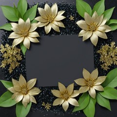 Wedding Ornate gold and green floral frame on black background