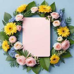 Obraz premium A wedding floral wreath encircles a blank pink card against a light blue backdrop