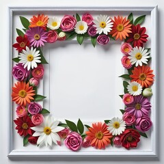 Obraz premium Wedding multicolored floral border on white card on monotone background