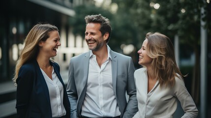 Successful business team laughing while standing together. after finishing the project. generative AI