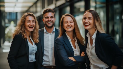 Fototapeta premium Successful business team laughing while standing together. after finishing the project. generative AI