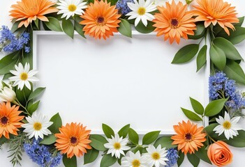 Wedding multicolored floral border on white card on monotone background