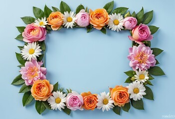Fototapeta premium Wedding multicolored floral border on white card on monotone background