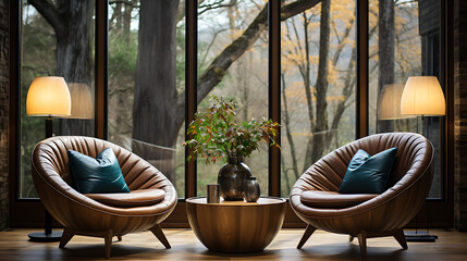 Mid-Century Modern Living: Barrel Chairs, Wooden Table, and Chic Window View