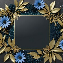 Golden leaves and blue flowers adorn a black square frame on a glittery backdrop