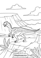 Dilophosaurus Dinosaur line art for coloring page vector illustration