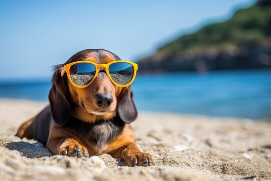 beautiful dog breed of dachshund, black and tan, buried in the sand at the beach sea on summer vacation holidays