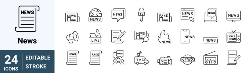 set of 24 line web icons. Fake News. Wrong Information, live, Propaganda, Inappropriate Content. Editable Stroke. Collection of Outline Icons. Vector illustration.