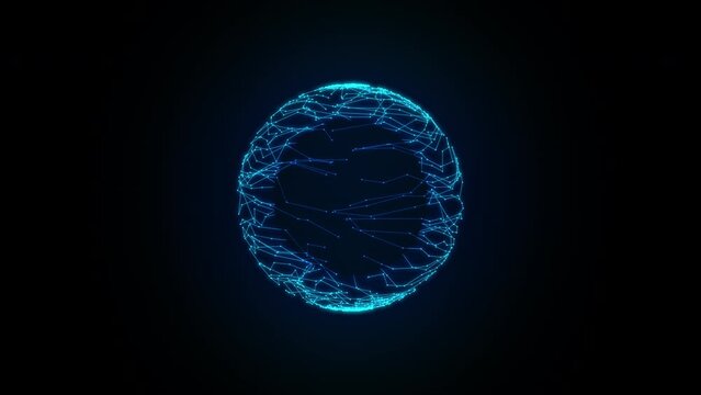 3D animation of future shape a rotating neon blue transparent sphere from beams nd black hole inside, 4K abstract geometric animated background