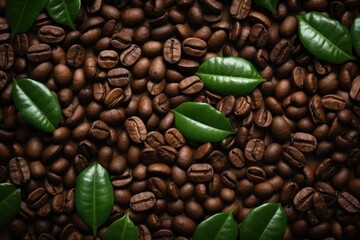 Texture background of roasted coffee beans with green leaves, top view close-up