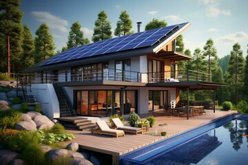 Vacation house with solar modules in the planning stage - 3D visualization. Generative AI