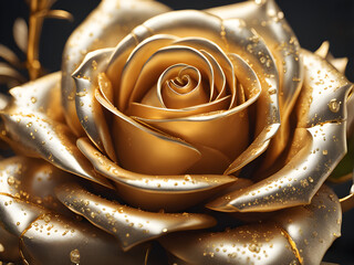 realistic golden rose made of gold with water drops on a black background
