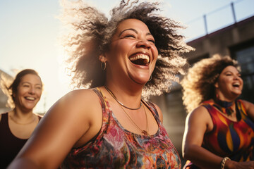 Multi-racial middle-aged chubby women enjoying a fitness dance class, expressing activity, friendship and healthy lifestyle