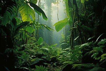 Vibrant rainforest with abundant foliage. Generative AI