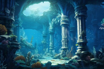 An oceanic environment with submerged columns, aquatic life, coral, and a deep blue sea. Generative AI